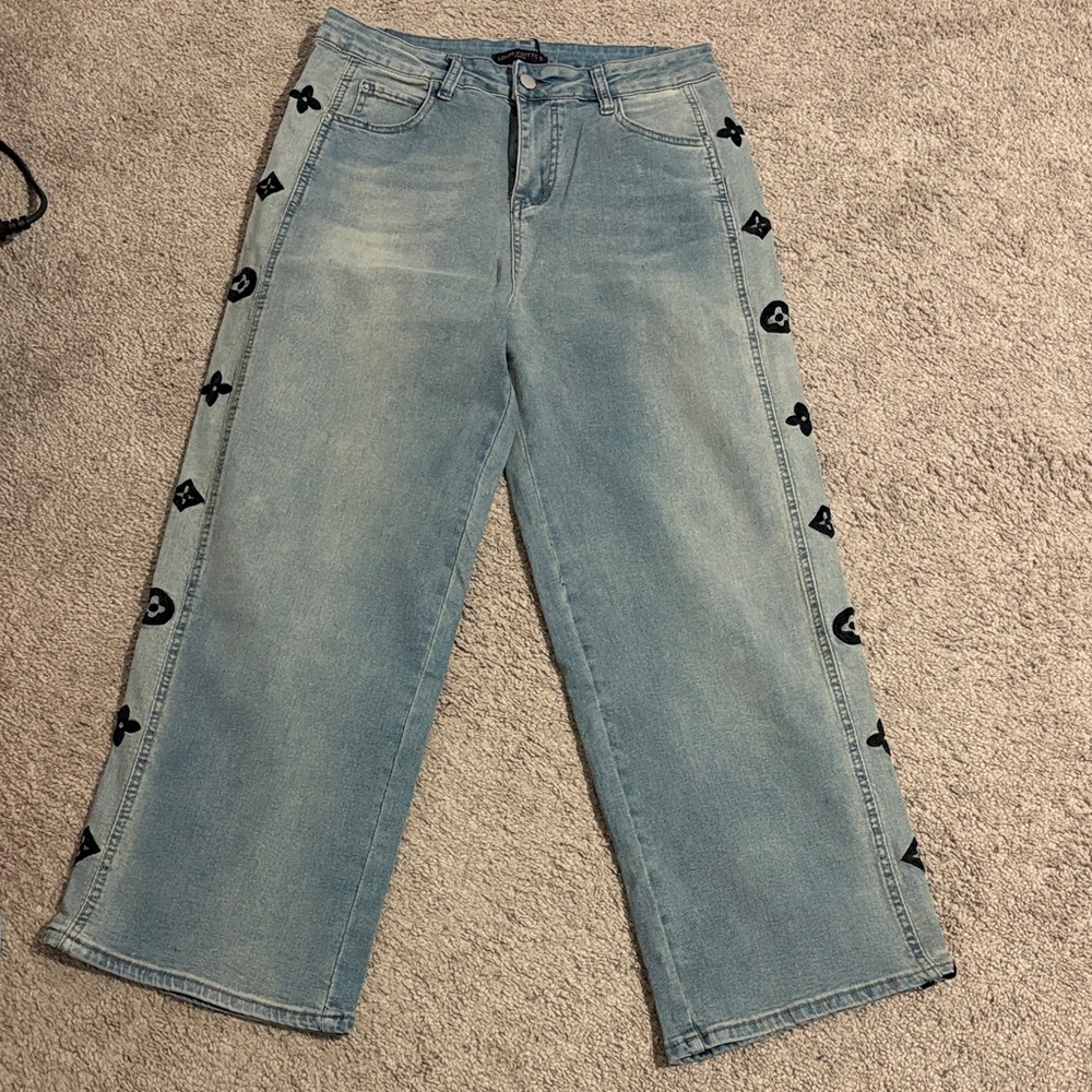 Light Blue Wide-Leg Jeans with Side Logo Trim